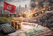 FISCALITE : pourquoi le modèle actuel est à bout de souffle Illustration réaliste de la fiscalité tunisienne montrant des pièces et documents fiscaux au premier plan, un marché informel et la ville de Tunis en arrière-plan, symbolisant la pression fiscale, l’informalité et la crise de confiance.