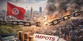 FISCALITE : pourquoi le modèle actuel est à bout de souffle Illustration réaliste de la fiscalité tunisienne montrant des pièces et documents fiscaux au premier plan, un marché informel et la ville de Tunis en arrière-plan, symbolisant la pression fiscale, l’informalité et la crise de confiance.