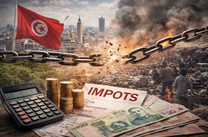 Illustration réaliste de la fiscalité tunisienne montrant des pièces et documents fiscaux au premier plan, un marché informel et la ville de Tunis en arrière-plan, symbolisant la pression fiscale, l’informalité et la crise de confiance.