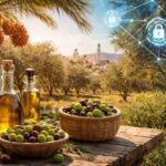 GREEN TUNISIA | Souveraineté alimentaire : “Nous devons lutter contre les freins institutionnels et le blocage de l’innovation” appelle Yassine Grissa Olives et huile d’olive tunisiennes au premier plan, palmiers dattiers et paysage agricole méditerranéen, illustrant l’intégration de la blockchain dans l’agriculture en Tunisie.