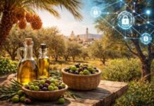 GREEN TUNISIA | Souveraineté alimentaire : “Nous devons lutter contre les freins institutionnels et le blocage de l’innovation” appelle Yassine Grissa Olives et huile d’olive tunisiennes au premier plan, palmiers dattiers et paysage agricole méditerranéen, illustrant l’intégration de la blockchain dans l’agriculture en Tunisie.