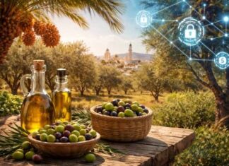 GREEN TUNISIA | Souveraineté alimentaire : “Nous devons lutter contre les freins institutionnels et le blocage de l’innovation” appelle Yassine Grissa Olives et huile d’olive tunisiennes au premier plan, palmiers dattiers et paysage agricole méditerranéen, illustrant l’intégration de la blockchain dans l’agriculture en Tunisie.