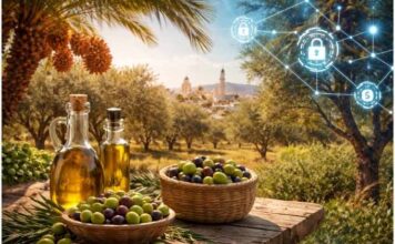 Huile d’olive : une mission économique au Brésil pour booster les exportations tunisiennes Olives et huile d’olive tunisiennes au premier plan, palmiers dattiers et paysage agricole méditerranéen, illustrant l’intégration de la blockchain dans l’agriculture en Tunisie.